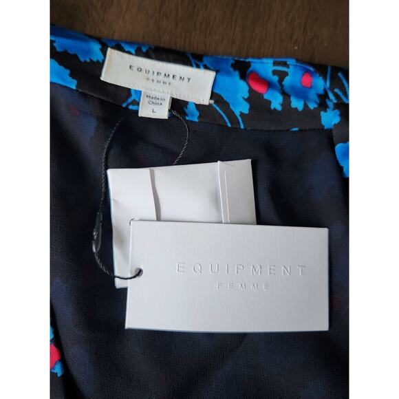 Equipment Femme Womens Blue Black Floral V-Neck Empire Waist Shift Dress NWT L - Picture 11 of 13